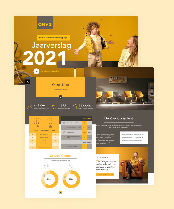Using animations, pop-ups and subpages, ONVZ informs their audience about their annual results and what lenghts they go through to deliver the best health care to their people.