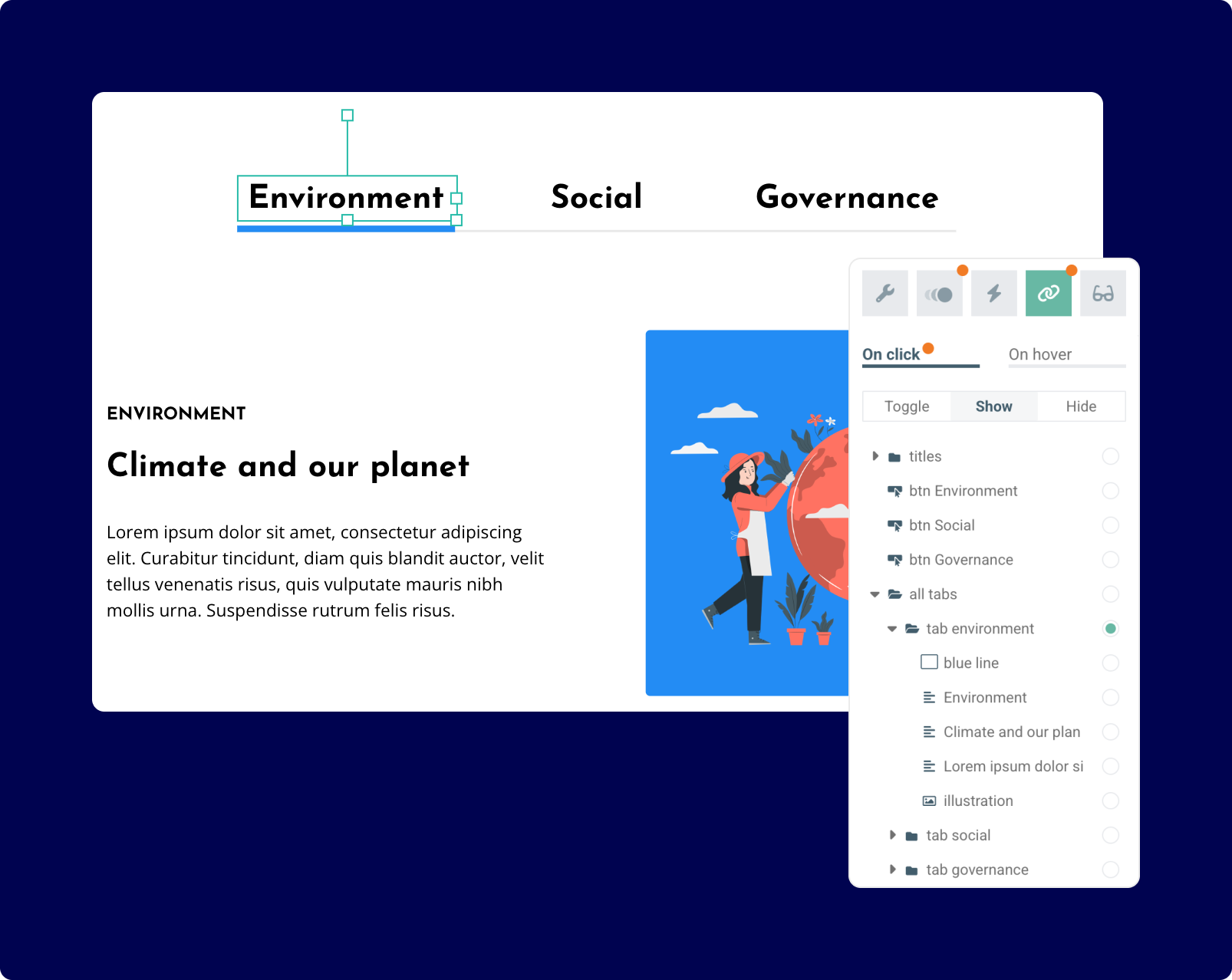A screenshot of the demo page and UI that shows how forced states work