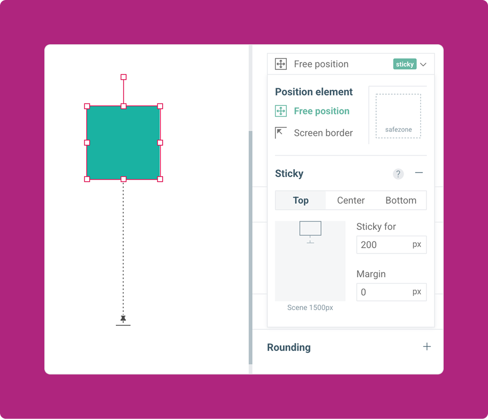 Screenshot of Maglr editor that demonstrates guidelines for sticky elements